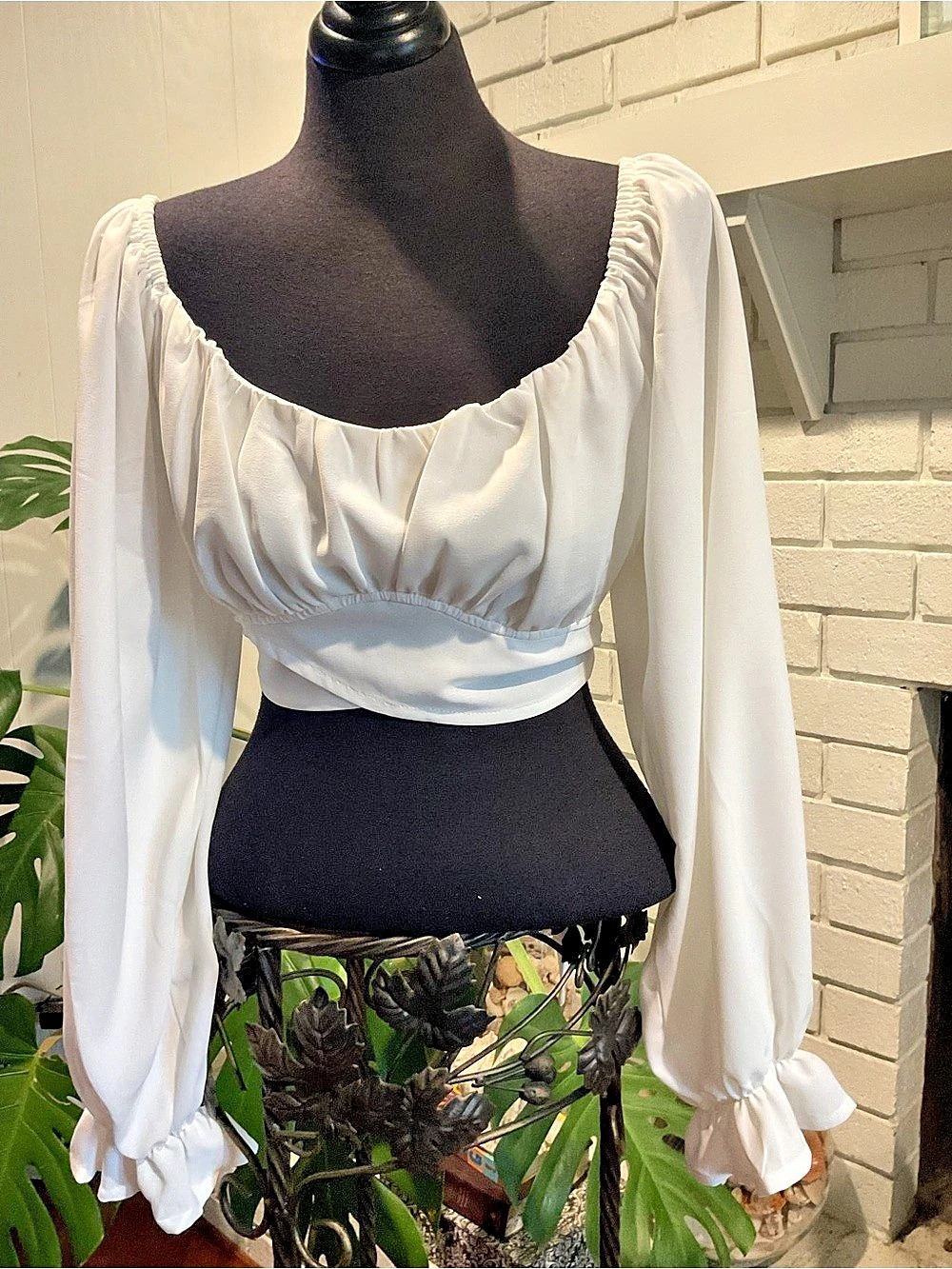 LYAMER Pirate Renaissance October Fest Bar Maid White Ruched Tie-Back Crop Top